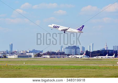 Warsaw, Poland. 21 July 2018. Airplane Sp-ldf Lot - Polish Airlines Embraer Erj-170lr Taking Off Fro