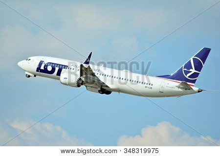Warsaw, Poland. 21 July 2018. Airplane Sp-lvb Lot - Polish Airlines Boeing 737-8 Max Taking Off From