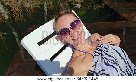 Woman Shooting Self Portrait. Take Photo And Video On Smartphone. Girl Rest, Relax, Walk In Sunglass