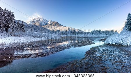 Zelenci Springs Nature Reserve Near Kranjska Gora, Slovenia In Winter. Sunny Morning With Fresh Snow