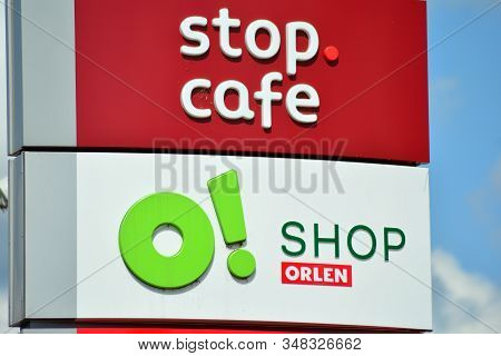 Warsaw, Poland. 18 August 2018. Sign Orlen Shop. Company Signboard Orlen Shop.