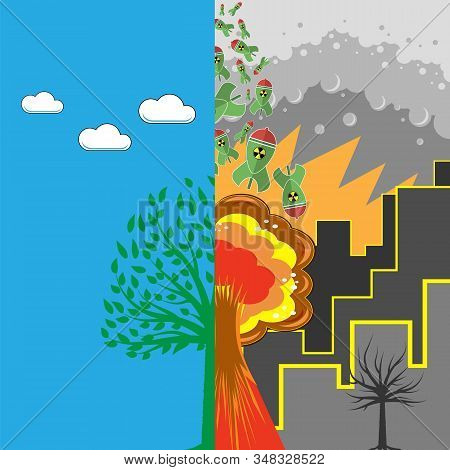 Green Tree And Atomic Bomb With Radiation Sign. Nuclear Rocket. Weapon Icon. Explode Flash, Cartoon 