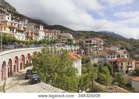 Scenic View Of The Picturesque Village Of Arachova At The Foot Of Mount Parnassos In Viotia, Near De