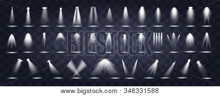 Large Set Of Stage Lighting Vector Icons Showing Spotlights Shining Down Through The Darkness With V