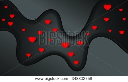 Romantic Background Of Black Smooth Waves And Red Hearts, Vector Art Illustration.