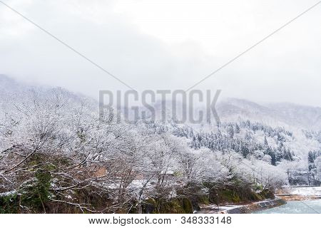 Fantastic Snow Winter Landscape Mountain And River In Shirakawa-go Vintage Japanese Village, Japan B