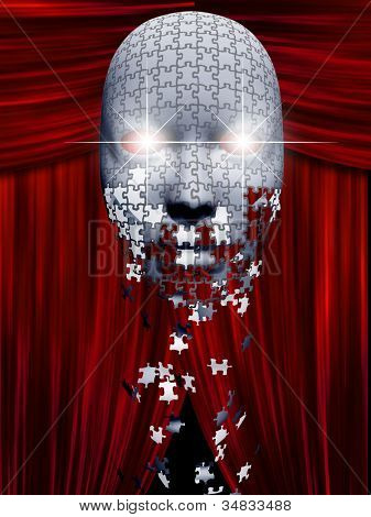 Puzzel stukjes vallen uit de buurt van masker in theater backgropund
