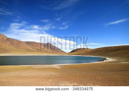 Laguna Miniques, One Of Amazing Blue Lagoon On The Altiplano Of Antofagasta Region, Northern Chile