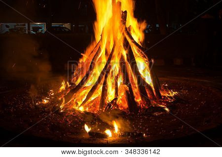 Giant Bon Fire Lit For The Festival Of Lohri