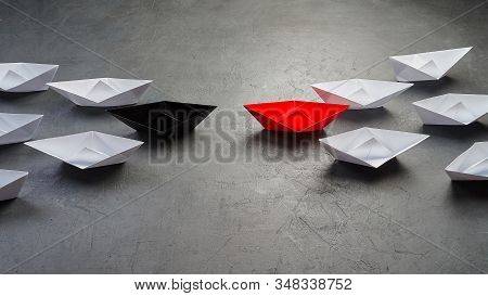 Opportunities Business Concept-paper Boat Key Opinion Leader, Influence Concept. One Black Paper Boa