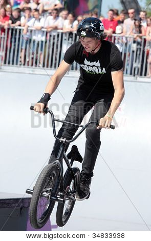 MOSCOW, RUSSIA - JULY 8: Maxim Chuprina, Russia, in BMX competitions during Adrenalin Games in Moscow, Russia on July 8, 2012