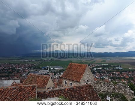 Landscape With Rainfall Over The Village. Stom In Village.