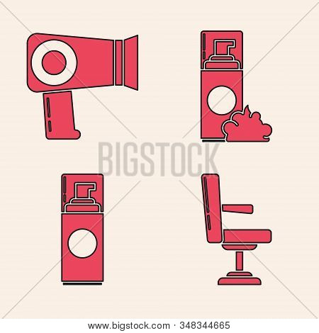 Set Barbershop Chair, Hair Dryer, Shaving Gel Foam And Shaving Gel Foam Icon. Vector