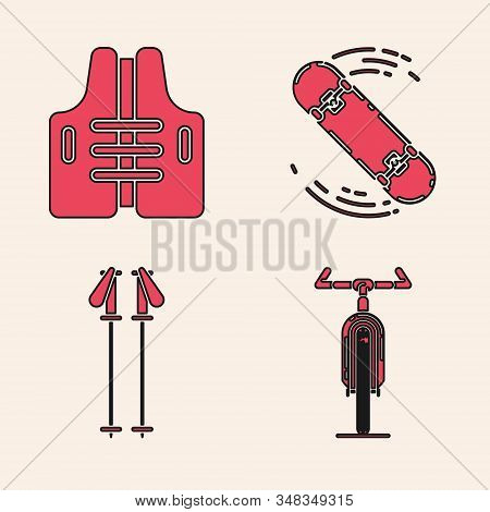 Set Bicycle, Life Jacket, Skateboard Trick And Ski Poles Icon. Vector