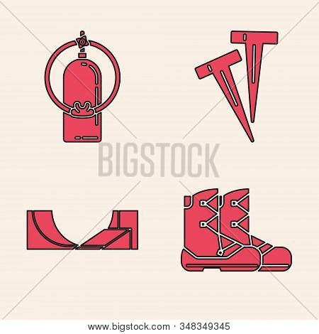 Set Boots, Aqualung, Pegs For Tents And Skate Park Icon. Vector