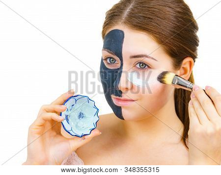 Girl Black Mask On Half Face Apply White Mud