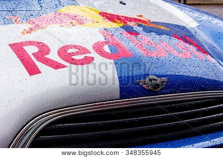 Uzhhorod, Ukraine - 14 Jul, 2013: Red Bull Mini Cooper Publicity Car Detail. Fancy Car Tuning Used F