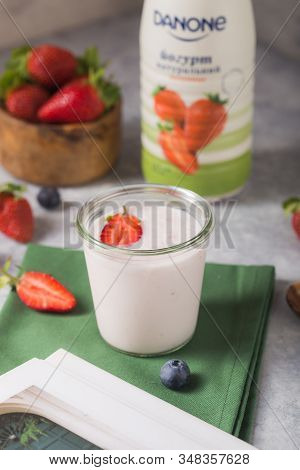 Kyiv, Ukraine - Jenuary 05, 2020: Danone Yogurt Botl. Smoothie Or Smoothy Bowl With Granola, Fruits 