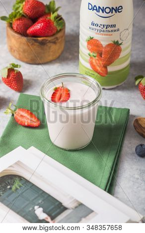 Kyiv, Ukraine - Jenuary 05, 2020: Danone Yogurt Botl. Smoothie Or Smoothy Bowl With Granola, Fruits 