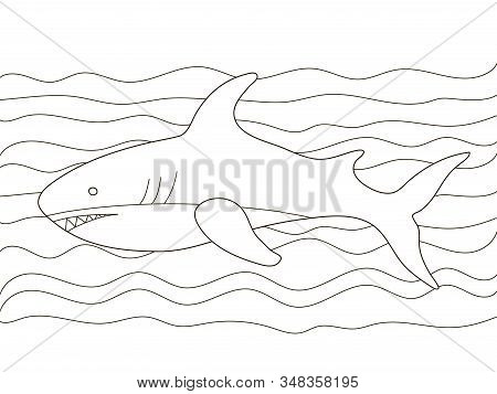 Vector Beautiful Coloring Book For Adults And Children With A Good Shark Among The Waves. A Series O