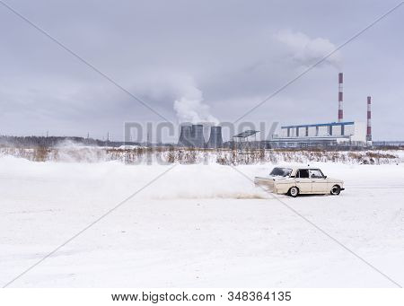 Russia, Novosibirsk - November 30, 2019. Russian Car Vaz Zhiguli Quickly Goes In The Drift, On The R