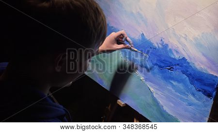 Artist Copyist Paint Seascape With Ship In Ocean. Craftsman Decorator Draw As Boat Sail On Blue Sea 