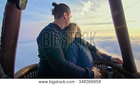 Adventure Love Couple On Hot Air Balloon Watermelon. Man And Woman Kiss Hug Love Each Other. Burner 