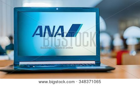 Poznan, Pol - Dec 11, 2019: Laptop Computer Displaying Logo Of All Nippon Airways Co., Also Known As