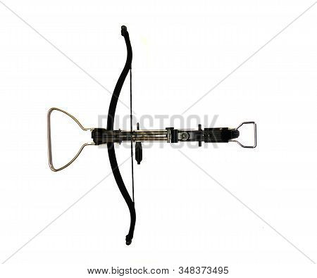 Sports Crossbow On A White Background. Shot From A Crossbow. Isolated Black Little Crossbow. View Fr