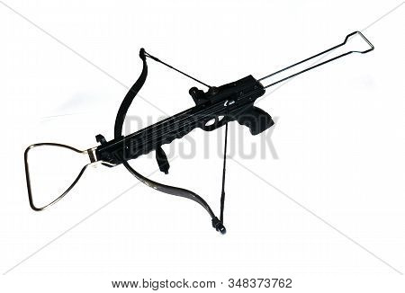 Sports Crossbow On A White Background. Shot From A Crossbow. Isolated Black Little Crossbow. View Fr