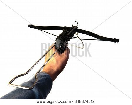 Sports Crossbow On A White Background. Shot From A Crossbow. Isolated Black Little Crossbow. View Fr