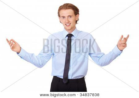 Junger Geschäftsmann mit halten Sie seine Arme breit, isolated on white