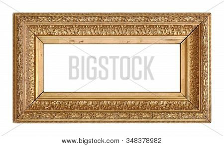 Panoramic Golden Frame For Paintings, Mirrors Or Photo Isolated On White Background