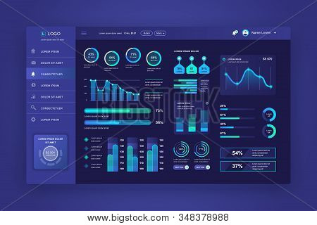 Dashboard Ui. Admin Panel Vector Design Template With Infographic Elements, Hud Diagram, Info Graphi