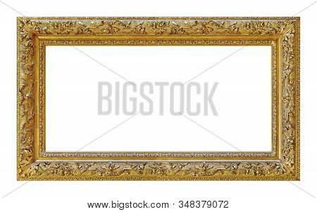 Panoramic Golden Frame For Paintings, Mirrors Or Photo Isolated On White Background