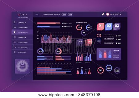 Dashboard Ui. Admin Panel Vector Design Template With Infographic Elements, Hud Diagram, Info Graphi