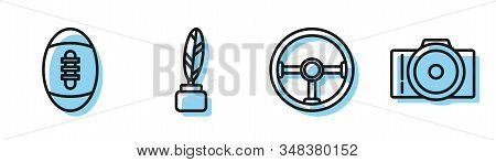Set Line Steering Wheel, American Football Ball, Feather And Inkwell And Photo Camera Icon. Vector