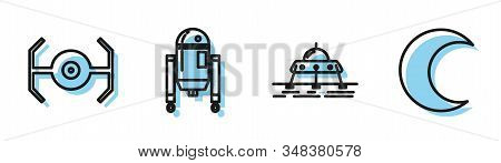 Set Line Mars Rover, Cosmic Ship, Robot And Moon And Stars Icon. Vector