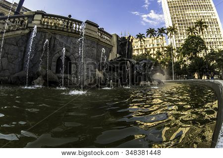Sao Paulo, Brazil, October 29, 2019. Fountain In Ramos De Azevedo Square, In Honor Of The Composer C