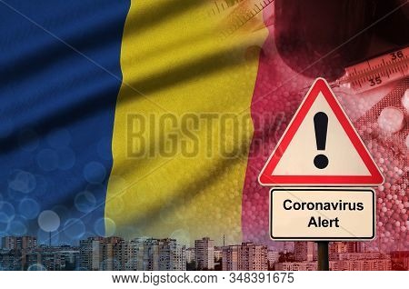 Chad Flag And Coronavirus 2019-ncov Alert Sign. Concept Of High Probability Of Novel Coronavirus Out