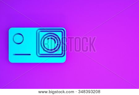 Blue Action Extreme Camera Icon Isolated On Purple Background. Video Camera Equipment For Filming Ex