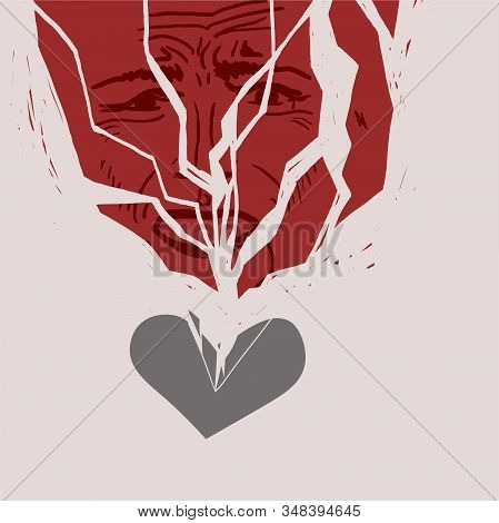Problems And Stress In Love Relationships, Concept. A Broken Heart And A Suffering Face In Splinters