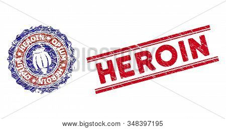 Mosaic Heroin Opium Stamp Pictogram And Red Heroin Seal Stamp Between Double Parallel Lines. Flat Ve