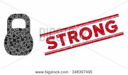 Mosaic Weight Iron Icon And Red Strong Seal Stamp Between Double Parallel Lines. Flat Vector Weight 