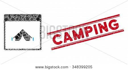 Mosaic Camping Calendar Page Icon And Red Camping Stamp Between Double Parallel Lines. Flat Vector C