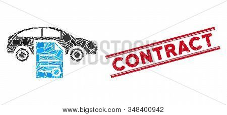 Mosaic Car Sale Contract Pictogram And Red Contract Seal Stamp Between Double Parallel Lines. Flat V