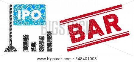 Mosaic Ipo Bar Chart Icon And Red Bar Seal Stamp Between Double Parallel Lines. Flat Vector Ipo Bar 