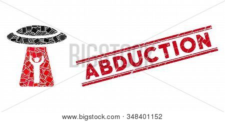Mosaic Man Abduction Ufo Icon And Red Abduction Seal Between Double Parallel Lines. Flat Vector Man 