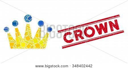 Mosaic Crown Pictogram And Red Crown Rubber Print Between Double Parallel Lines. Flat Vector Crown M