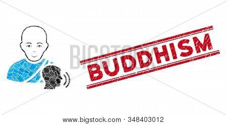 Mosaic Buddhist Confession Icon And Red Buddhism Seal Stamp Between Double Parallel Lines. Flat Vect